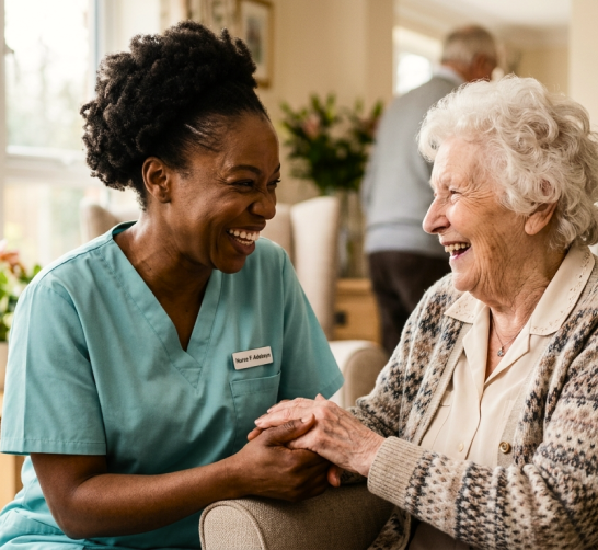Caregiver supporting an elderly woman smiling